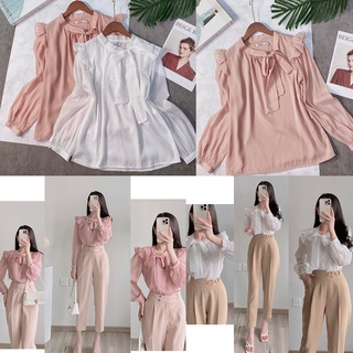 Áo sơ mi tơ cổ nơ lệch