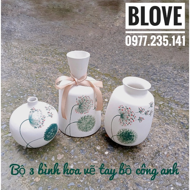 Quà tặng cao cấp, Bộ 3 Bình hoa bồ công anh,Gốm sứ bát tràng vẽ tay,Trang trí nhà cửa,decor,Quà tân gia, khai trương