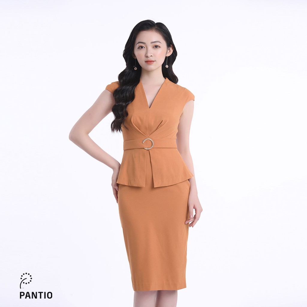 Đầm công sở, chất vải thô, màu nâu gạch và đen, dáng ôm FDC12703 - PANTIO