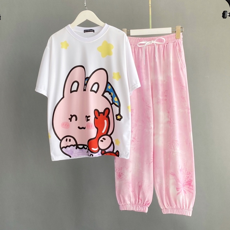 Đồ bộ hoạt hình set áo thun tay lỡ quần jogger form quần thể thao năng động cho nam nữ