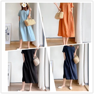 Đầm midi 2 Túi Vải cotton Lanh Dáng Rộng Phong Cách Hồi Giáo Đơn Giản Cho Nữ