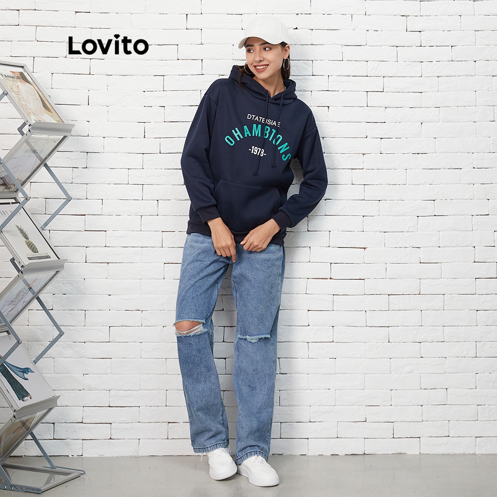 Áo sweatshirt Lovito có mũ trùm đầu phối dây rút in chữ đơn giản L07182 (màu xanh dương đậm) | BigBuy360 - bigbuy360.vn