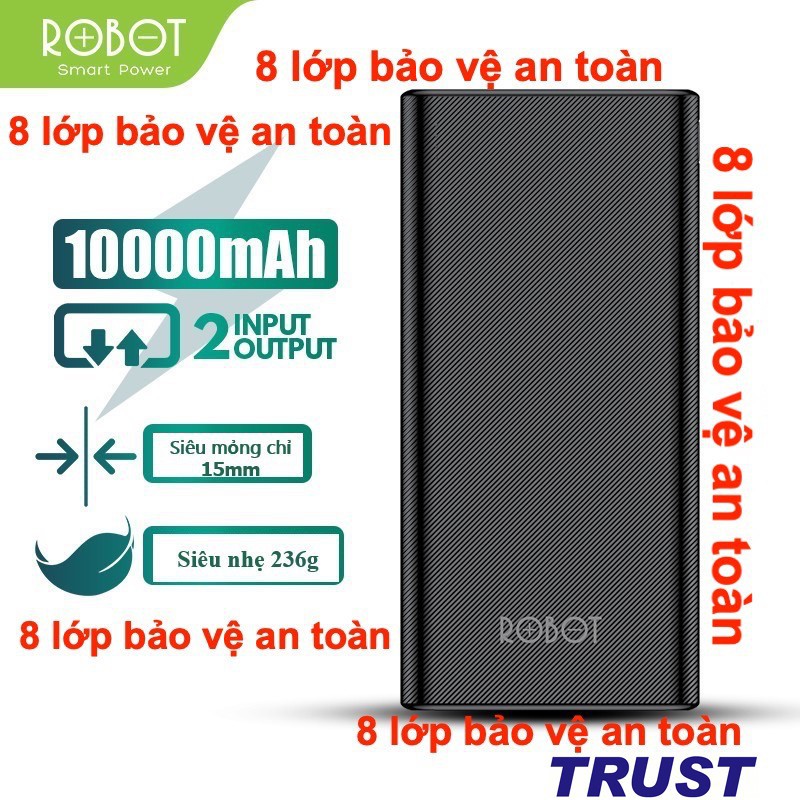 [G01] 10.000mAh ROBOT Pin Sạc Dự Phòng 10000mAh Màu Đen - 2 Output & 2 Input - RT170 - HÀNG CHÍNH HÃNG S034