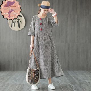Sale 100k Đầm maxi caro đen điểm nhấn nút tàu đỏ