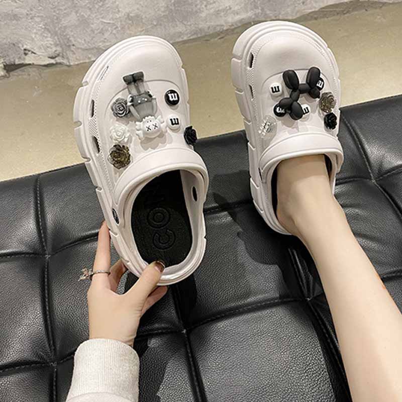 Dép Sục Crocs Đế Cao Hack Chân Đi Mưa Full Phụ Kiện Màu Xanh Trắng Đen