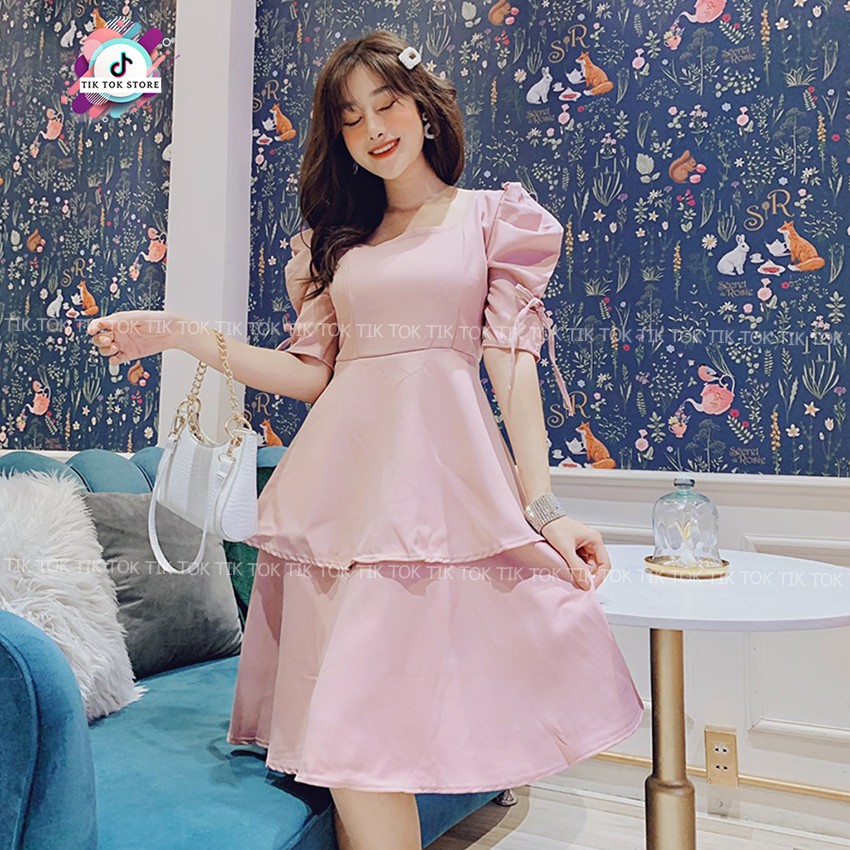 Đầm cổ vuông tay phồng, váy tay bồng kết nơ tay TIK TOK STORE | BigBuy360 - bigbuy360.vn