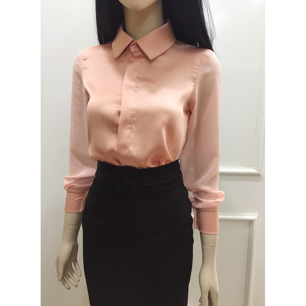 Á sơ mi đen nữ 💖vải lụa mềm💖 Áo công sở nữ dài tay cổ đức | BigBuy360 - bigbuy360.vn