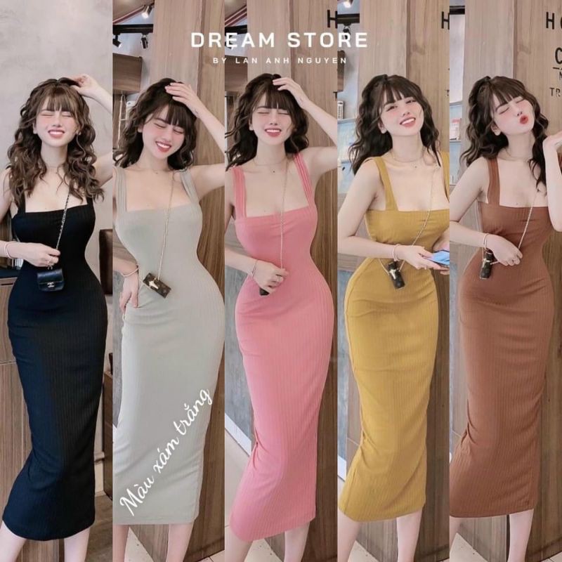 [Mã FASHIONT4WA2 giảm 10K đơn 50K] ĐẦM 2 DÂY BẢNG BỰ PHÔM DÀI QUA GỐI