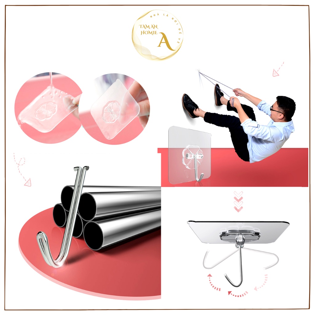 [Giá sỉ] Combo 10 Móc Dán Tường Siêu Dính Trong Suốt Chịu Lực Tốt Treo Tường Chắc Chắn 6x6 cm