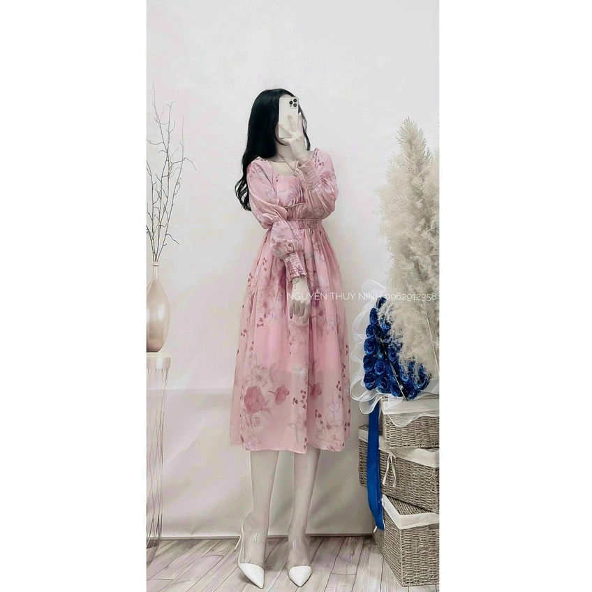 (Ưu Đãi FreeShip) Đầm Maxi Hoa Đi Biển,Đầm Nữ Tay Dài Phồng Cột Yếm Cổ Chất Voan Bông Cao Cấp Có Mút