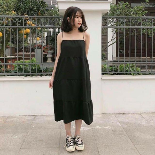 Váy 2 dây voan tầng dáng suông 🦋 Đầm Maxi hở lưng ulzzang siêu hot 🦋