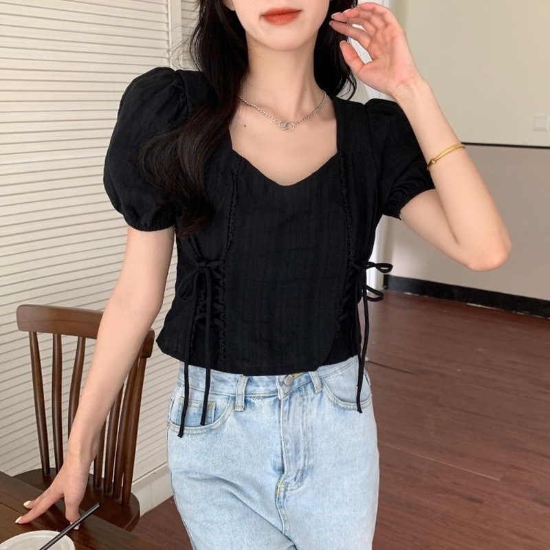 Áo Kiểu Cổ Vuông Tay Phồng Phối Dây Rút Phong Cách Pháp Thời Trang Mùa Hè Cho Nữ