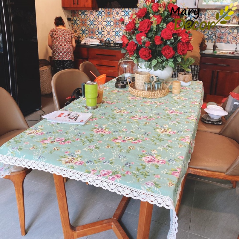 Khăn trải bàn ăn Mary Decor bằng vải lanh cotton chống bụi, Quà tặng 8-3 - họa tiết Hoa xanh vintage - KB-K04