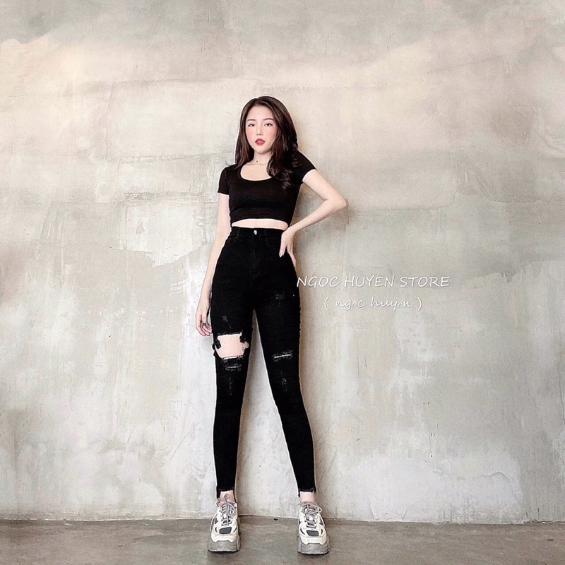 quần jeans nữ đen lưng cạp cao rách cá tính