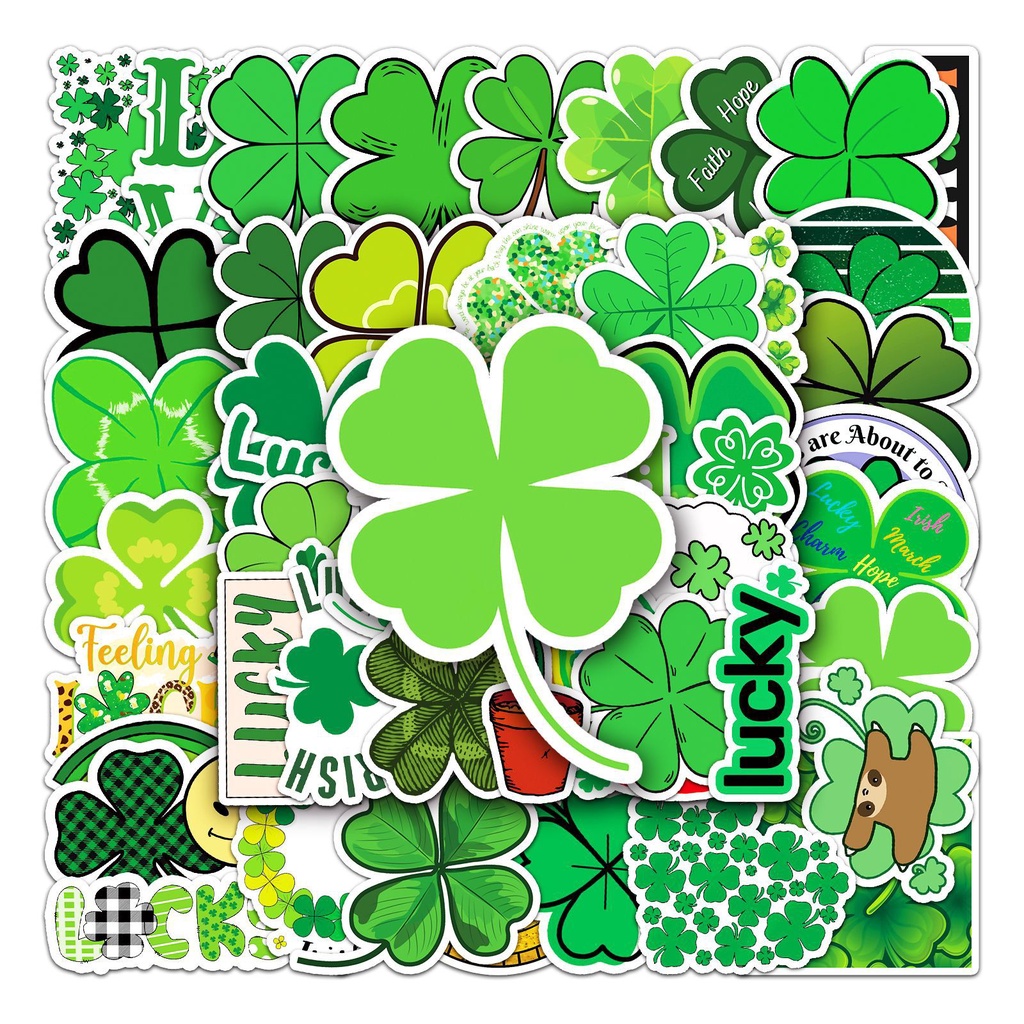 Combo 30 Sticker Chống Nước Decal Dán Điện Thoại Laptop Mũ Bảo Hiểm Vali Guitar Bình Nước [CỎ BỐN LÁ MAY MẮN]