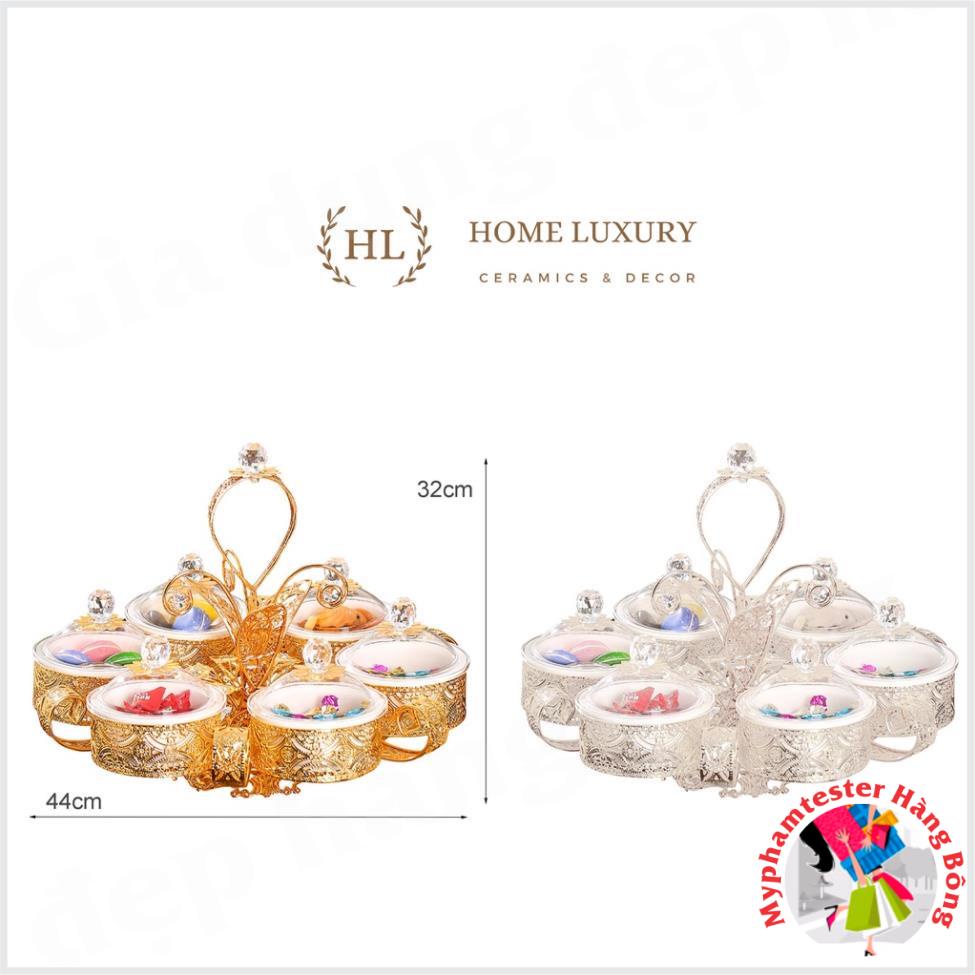 Khay đựng ô mai - mứt tết phong cách Vintage Hoàng Kim Cao Cấp 2022 5 hũ Xoay 360 Độ