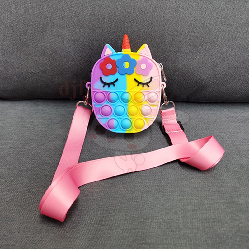Túi Silicon đựng tiền xu đeo vai hình kỳ lân tích hợp đồ chơi ấn bong bóng vui nhộn dành cho trẻ em