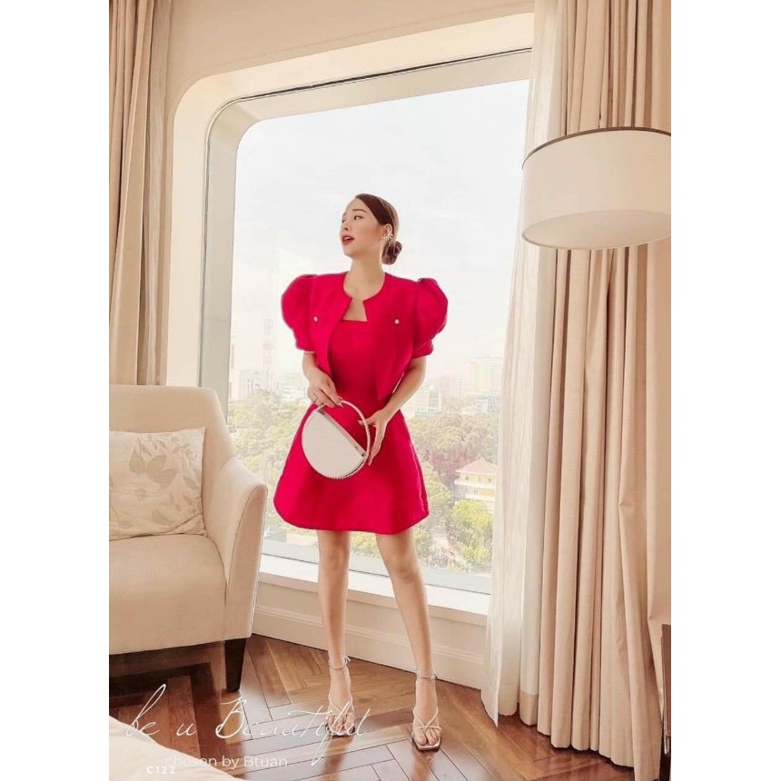 Set đầm 2 dây kèm áo khoát tay phồng mặc rời nếu thích
