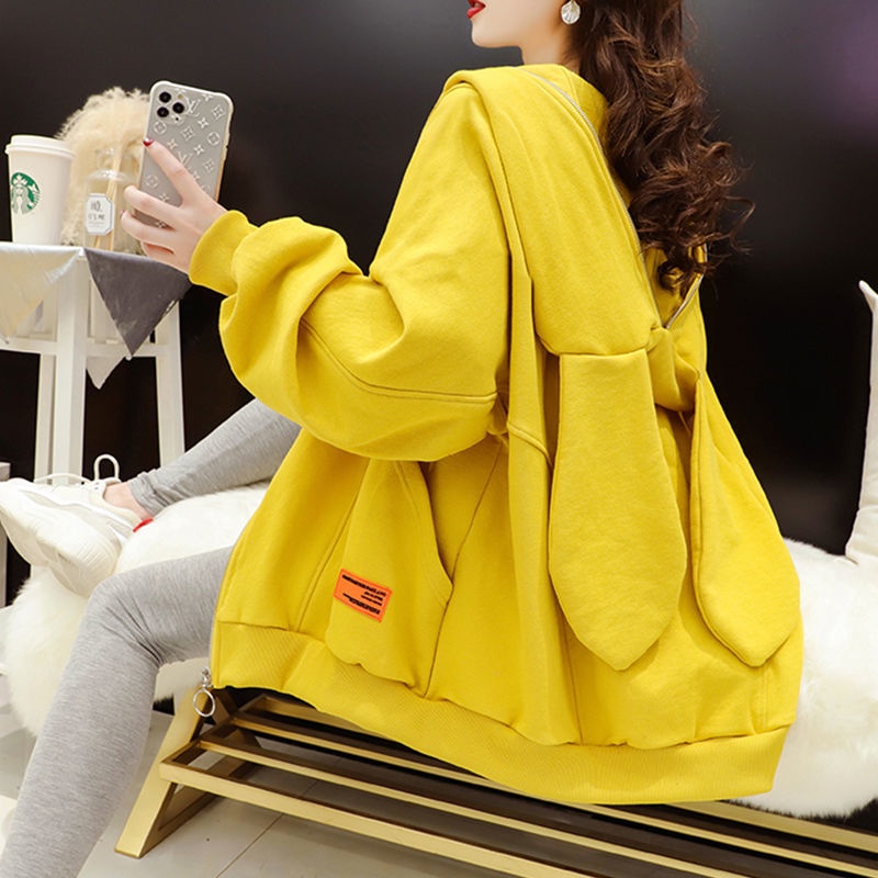 Áo khoác cardigan có mũ trùm tai thỏ thời trang mùa thu hàng mới Hàn Quốc 2021 dành cho bạn nữ