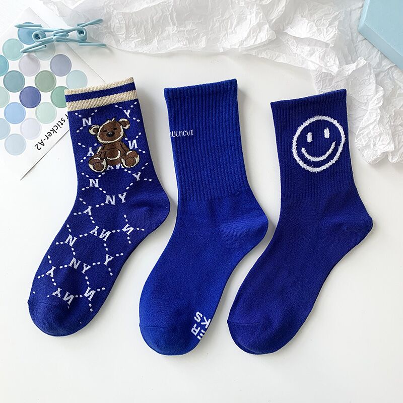 Tất cổ cao Vớ cotton cổ cao màu xanh dương phong cách Hàn Quốc thời trang cho nam và nữ