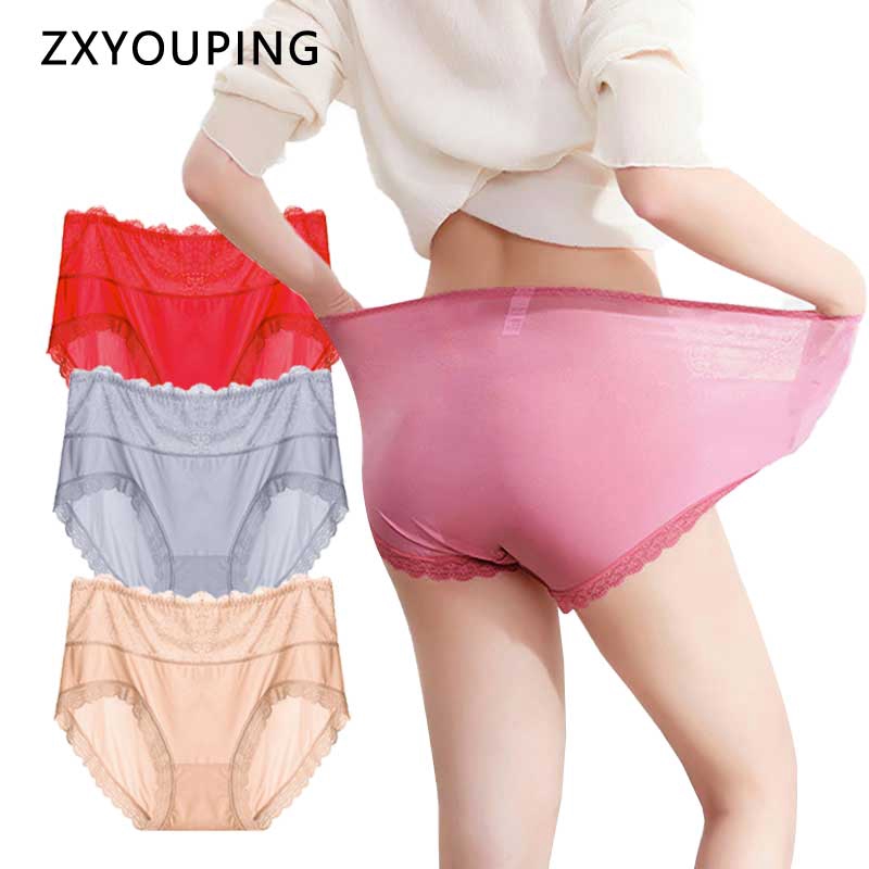 Extra large version of fattening mommy pants high waist ice silk ladies panties briefs lace trim large size