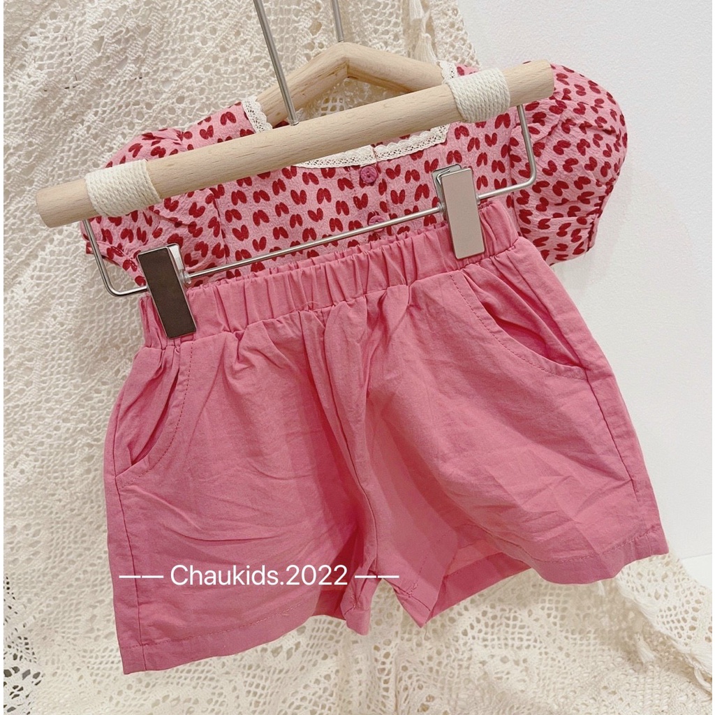 Bộ cộc tay bé gái, bộ quần áo chất thô đũi cổ vuông viền ren dáng babydoll cho bé