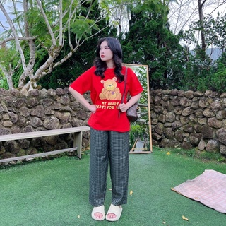 Set dài áo đỏ quần rêu caro