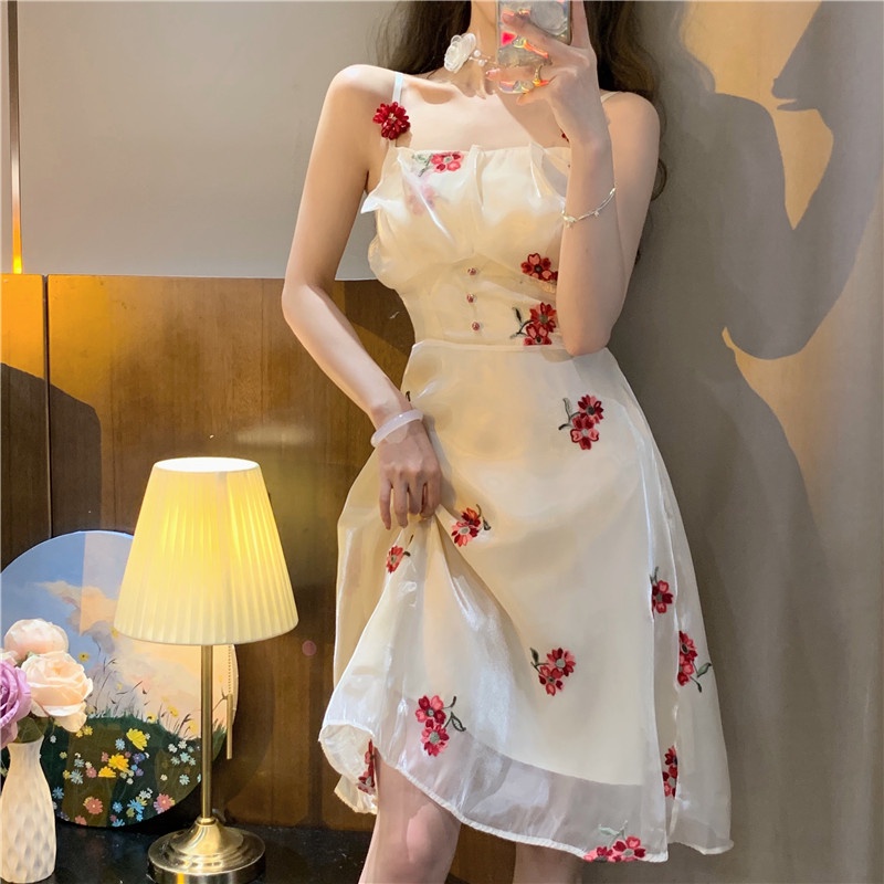 Đầm Hai Dây Dáng Chữ A Thêu Hoa Ngọt Ngào Thời Trang Mùa Hè Cho Nữ