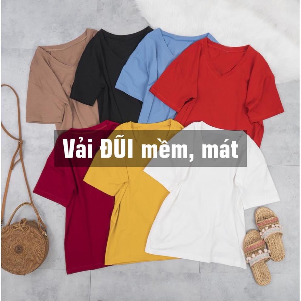 Áo Thun Trơn, Áo Phông Nữ Tay Ngắn Cổ Tim Trơn T Shirt Không Cổ Cotton Đũi Giấy Màu Đen/Trắng/Vàng/Xanh/Đỏ/Nâu Tây Xịn