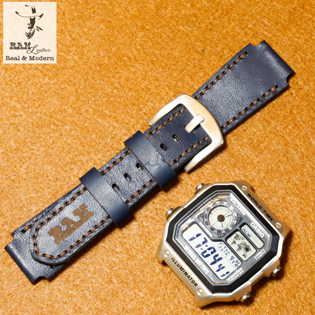 Dây Đồng Hồ Da Bò Thật Rất Đẹp Màu Xanh Navy - Ram 1993 Casio Ae1200/Seiko5 - Ram Leather