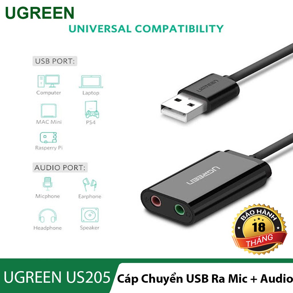 Sợi cáp chuyển cổng USB sang cổng Audio 3.5mm + Microphone cao cấp l Hàng chính hãng UGREEN US205