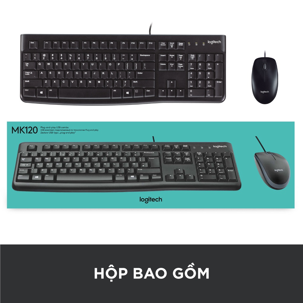 [Mã ELLOGIWL5 giảm 10% đơn 500K] Combo chuột phím có dây Logitech MK120 - Fullsize, có phím số, bền bỉ, chống tràn