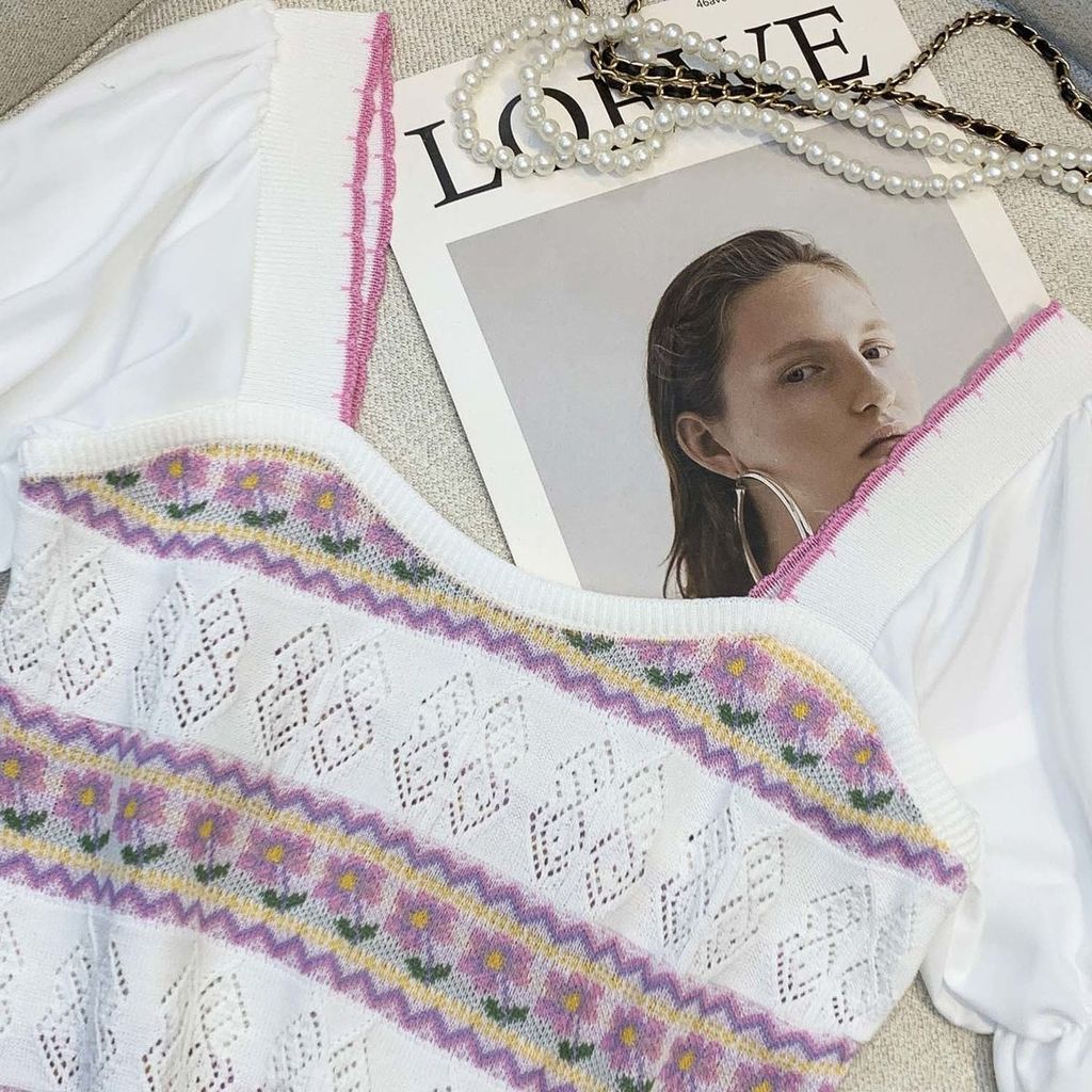 Áo Croptop Dệt Kim Tay Bồng Hoạ Tiết Hoa Thời Trang Mùa Hè Dành Cho Nữ