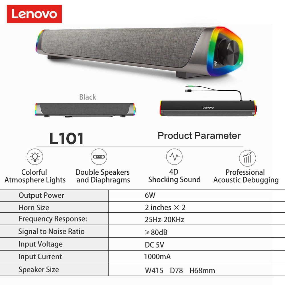 ◊Lenovo L101 Loa máy tính, âm thanh có dây, Kết nối USB và hỗ trợ Aux Soundbar mini để bàn cho PC, ĐTDĐ, tính bản