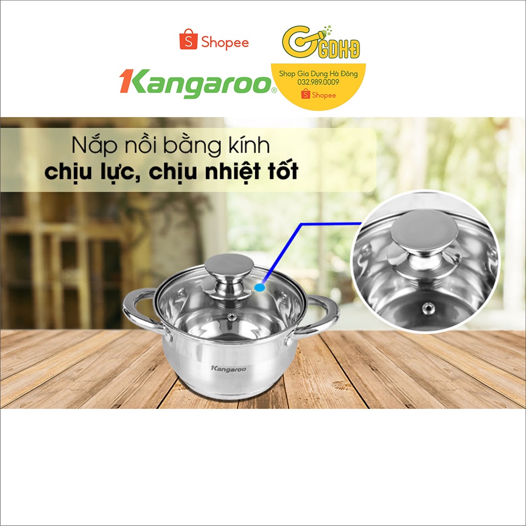 KG878S - Nồi inox cao cấp 16cm  5 lớp kangaroo, quai inox đinh tán sáng bóng gắn siêu chắc, nồi có thang chia nước