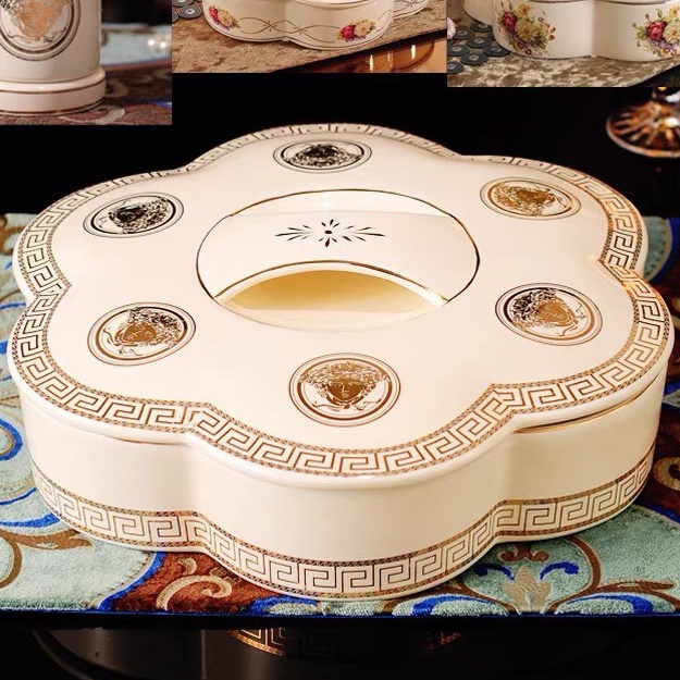 Bộ khay sứ đựng bánh mứt kẹo cao cấp Versace trắng - mã 088-R5, thích hợp dùng trong ngày lễ tết, các buổi tiệc