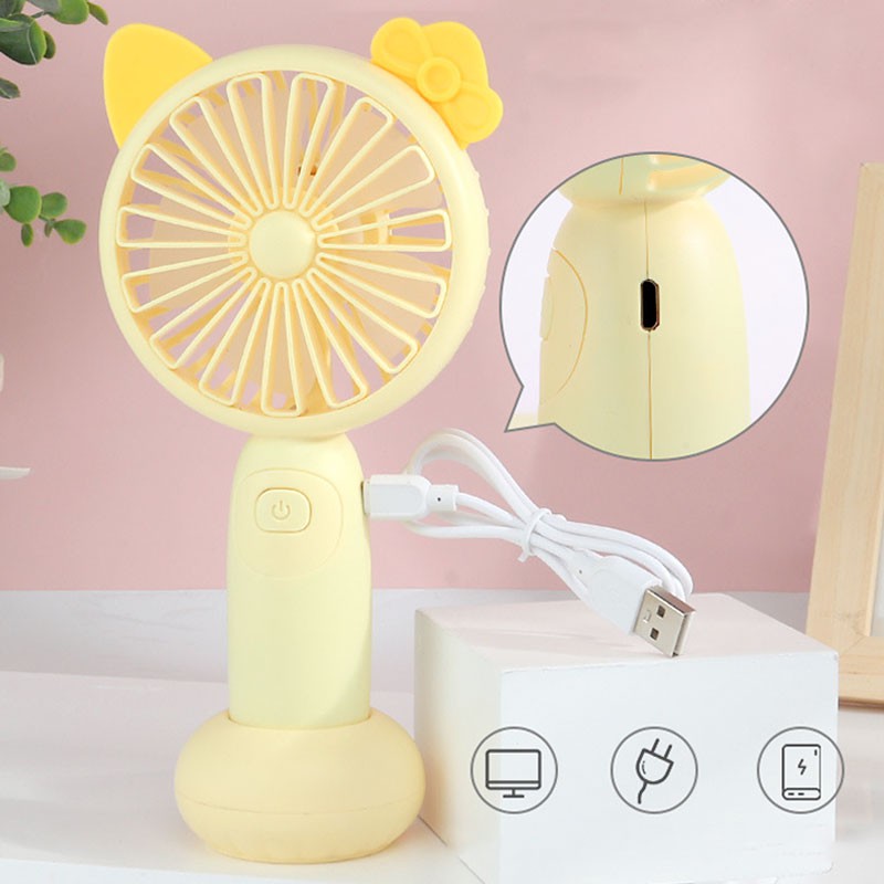 Quạt cầm tay mini tai thú dễ thương, quạt để bàn tích điện có đèn led cáp sạc USB