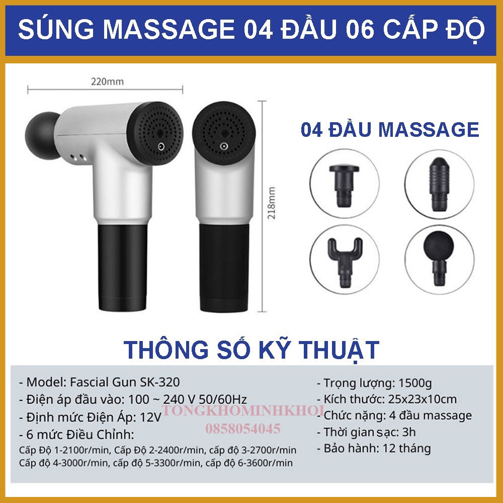 [HÀNG CHÍNH HÃNG] Súng massage cầm tay, Máy massage cầm tay  4 đầu 6 chế độ Fascial - Trị đau nhức toàn thân hiệu quả