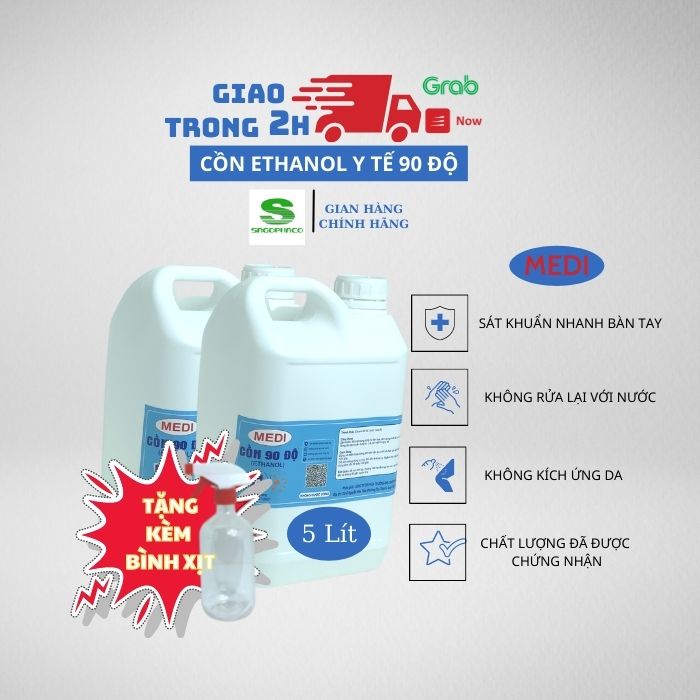 dung dịch y tế Ethanol rửa tay diệt khuẩn 70 độ 90 độ Medi 5 lít sát khuẩn hằng ngày  - tặng kèm bình xịt