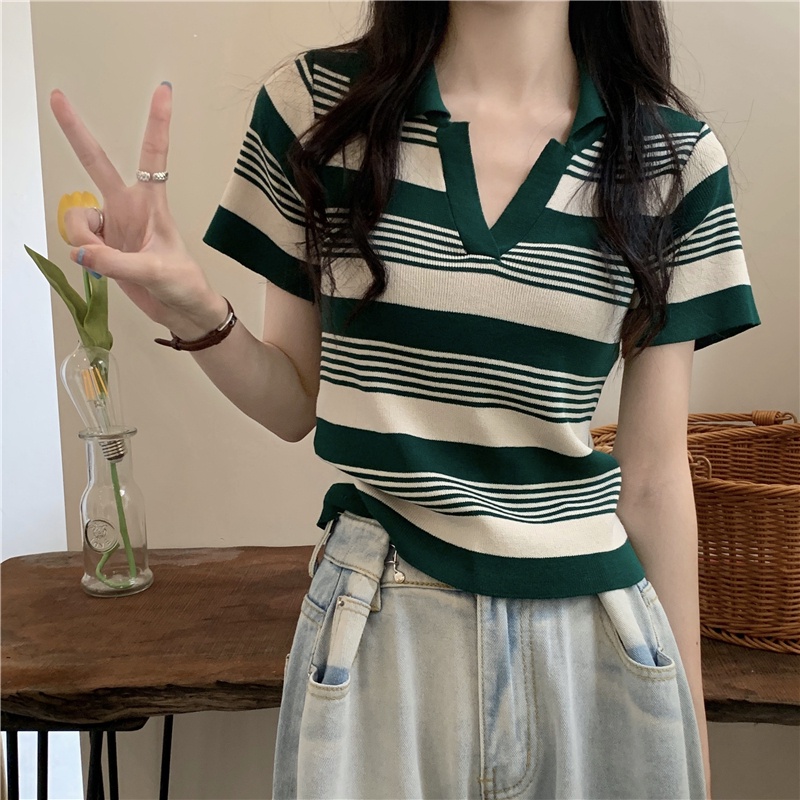 Áo thun ZHELIHANGFEI cổ polo tay ngắn họa tiết kẻ sọc thời trang dễ phối đồ dành cho nữ