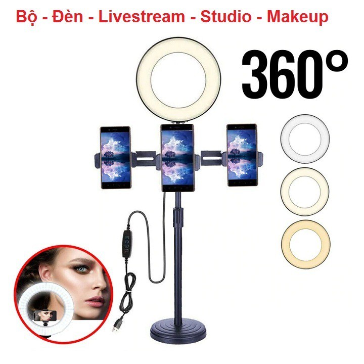 Đèn Livestream, Kiêm Kẹp 3 Và 2 Điện Thoại Để Bàn Cao 56cm Studio Quay Video - makeup - Tiktok