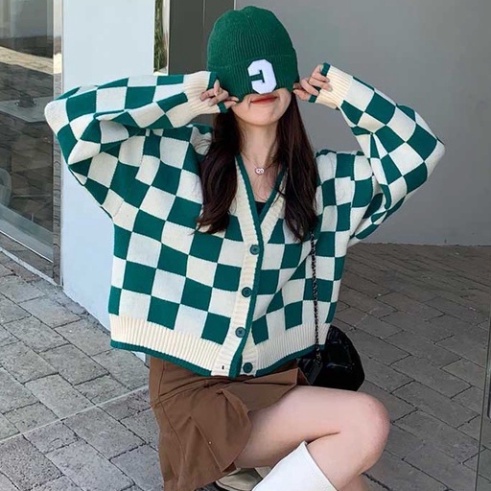 áo khoác cardigan len dáng croptop sọc caro màu xanh phong cách hàn quốc A665 nội y xanh chất len quảng châu
