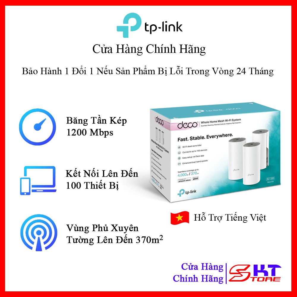 Bộ Phát Wifi Mesh Tp-Link Deco E4 (3-pack) Chuẩn AC Tốc Độ 1200Mbps - Hàng Chính Hãng