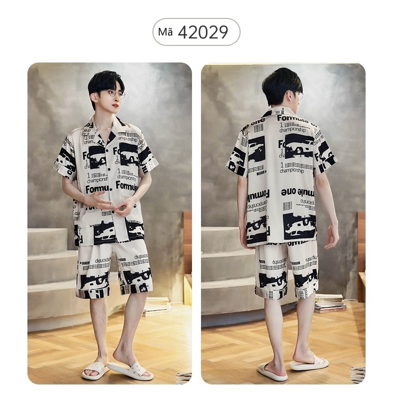 Bộ Đồ Nam Mặc Nhà Bigbang Luxury Áo Cộc Quần Cộc Họa Tiết Hoạt Hình - Bộ Pyjama Nam Chất Lụa Mát