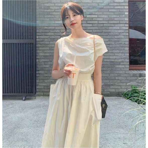 V17_ Váy lệch vai thun eo xòe dài đơn giản style vintage Hàn Quốc tiểu thư