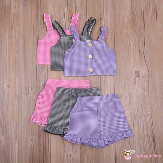 Áo crop top 2 dây xếp nếp + quần short lưng cao cho bé gái