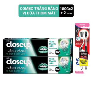 Combo 2 Kem đánh răng Closeup trắng sáng tự nhiên 180g/hộp + 2 bàn chải P/S than hoạt tính