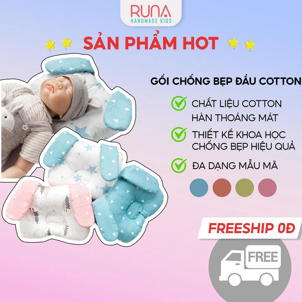 Gối lót chống bẹp đầu cho trẻ sơ sinh RUNA KIDS Cotton Hàn 100% hình tai thú đáng yêu mềm mịn giúp bé ngủ ngon