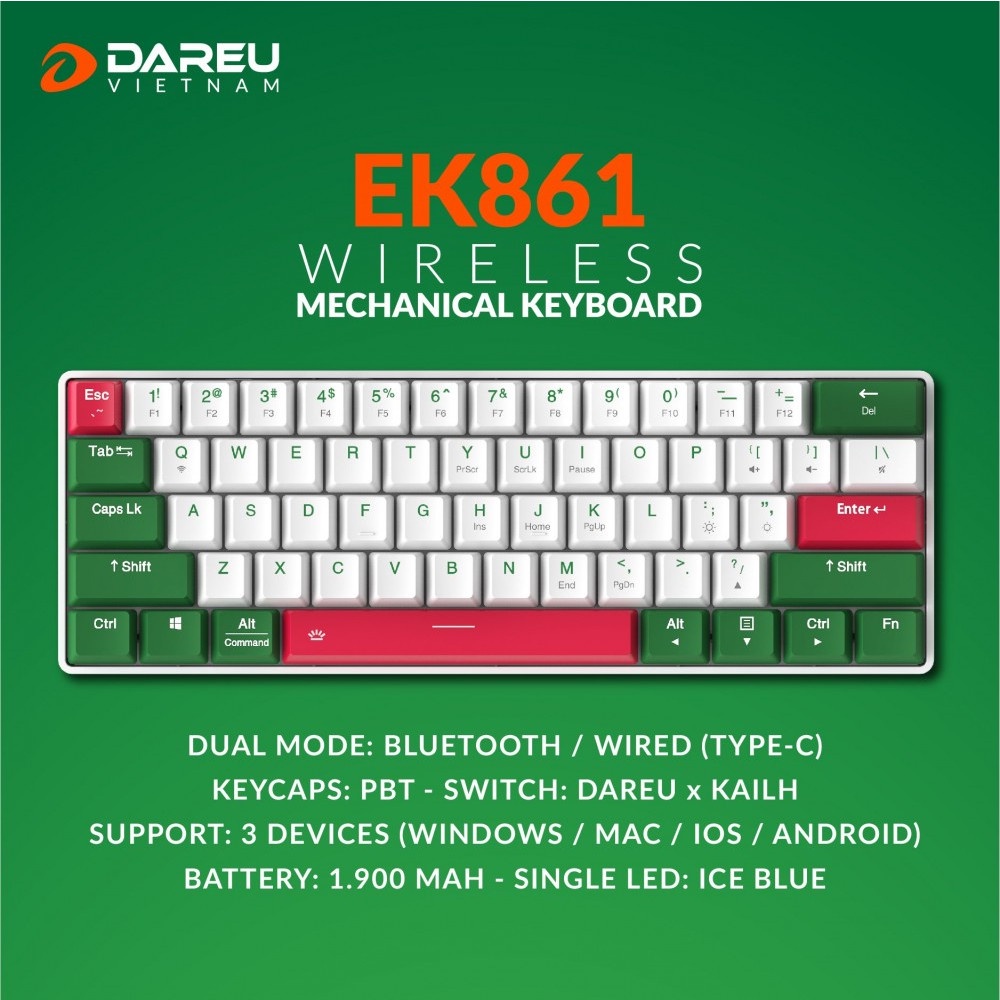 Bàn phím cơ không dây DAREU EK861 61KEY Bluetooth/ Wired (Type-C) D-KAILH switch