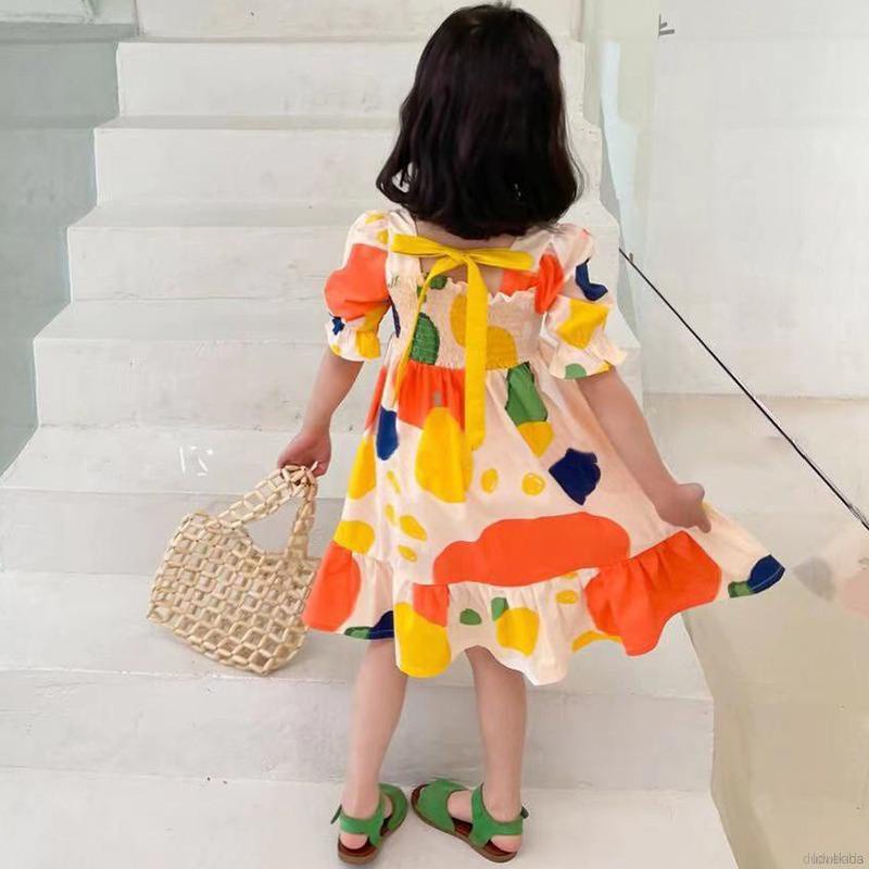 Váy cổ vuông tay phồng in họa tiết xinh xắn phong cách Hàn Quốc dành cho bé gái